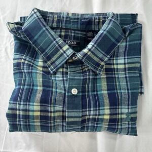 Izod Shirt Men's Size XL Linen‎ Blend Short Sleeve Collar Blue Plaid